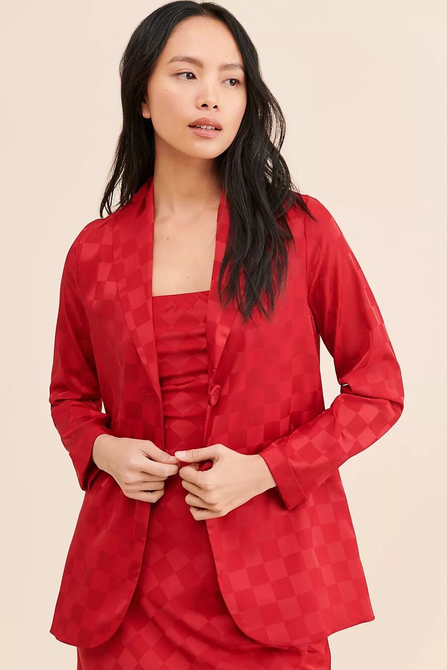 Show Me Your Mumu Felix Red Checkered Satin Blazer Size XL